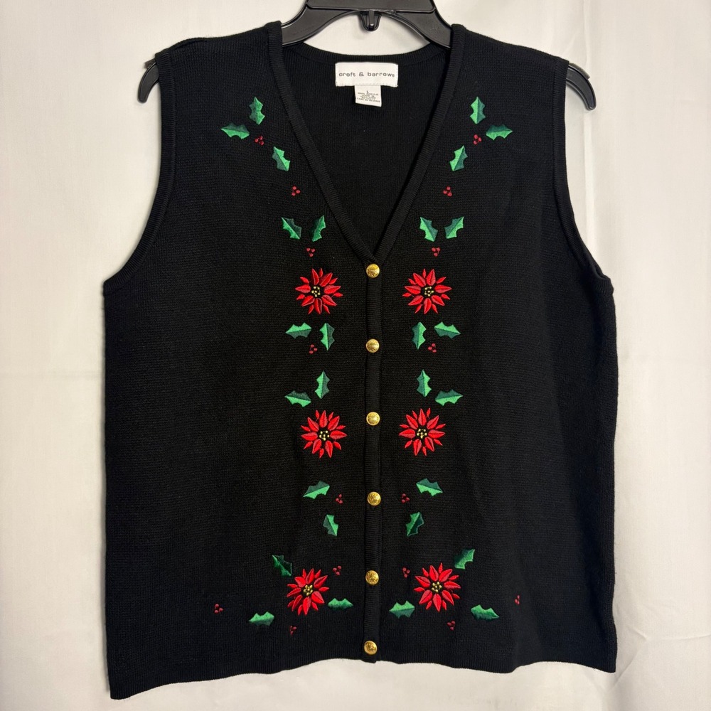Croft & Barrow‎ Womens Black Christmas Poinsettia Embroidered Sweater Vest Large